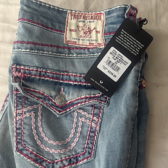 True Religion Women's Light Blue Jeans with Pink Stitching
